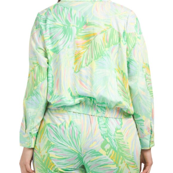 NEW SUNNY LEIGH Plus rayon Linen Blend Tie Front Top Green/Blue Multi 261tn - Picture 3 of 5